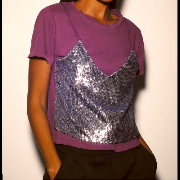 NWT Anthropologie Le Superbe Birdie Sequin Tee size L - Picture 1 of 5
